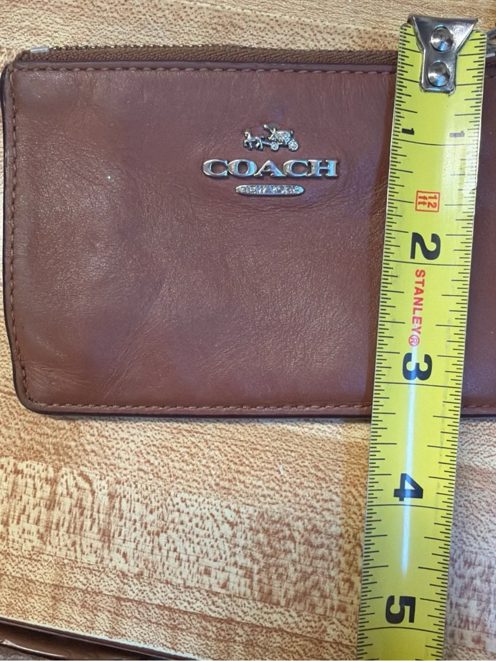 Coach Brown Leather Zip Card Case with Silver Logo